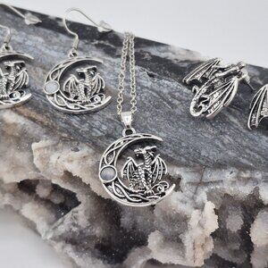✨ Crescent Moon & Dragon Jewelry Set – Earrings, Pendant & Studs 🐉🌙